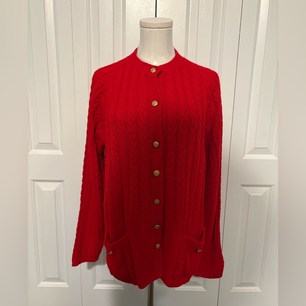 Vintage CARLY BLAKE, Preppy Red Cable Knit Button-Front Cardigan, Size L, GUC